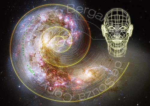 Wireframe front head and galaxy