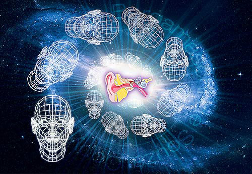 Wireframe heads over spiral galaxy