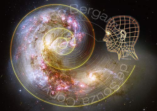 Wireframe side head and spiral galaxy